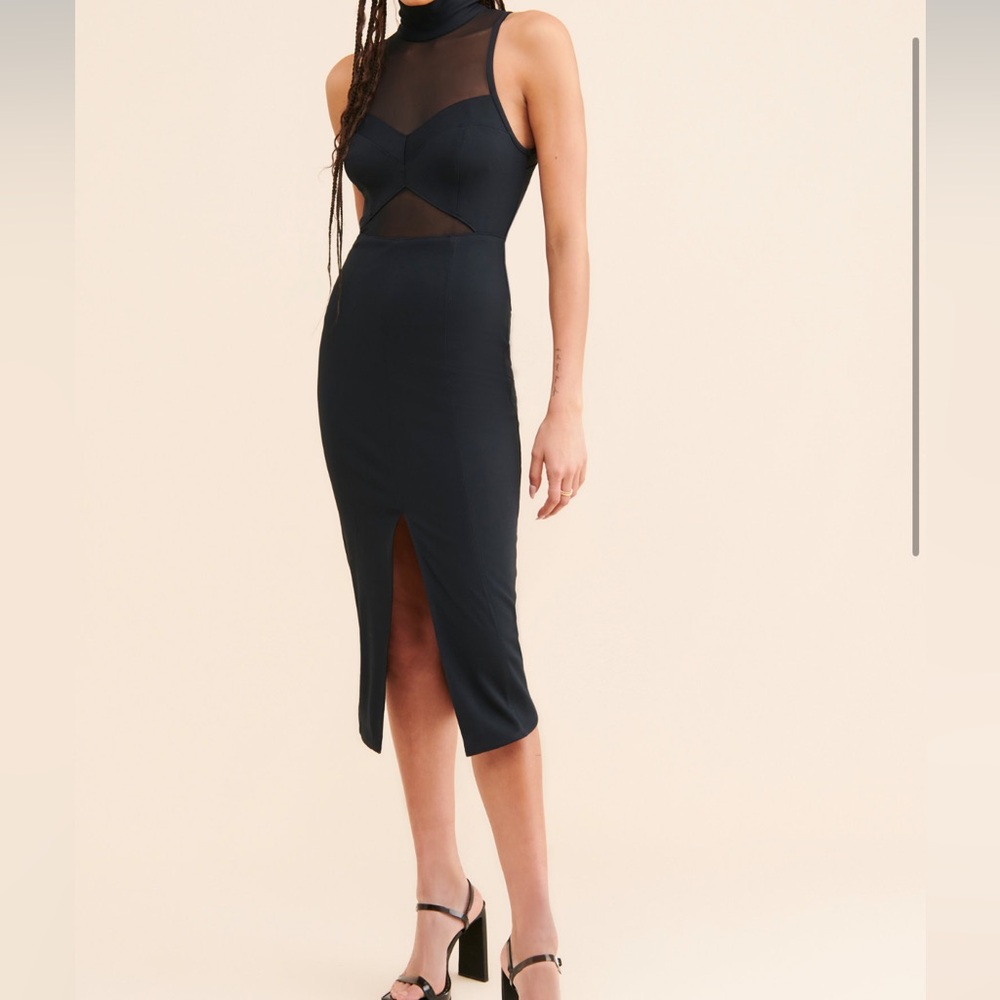 Maeve mesh cutout midi dress mock neck front slit